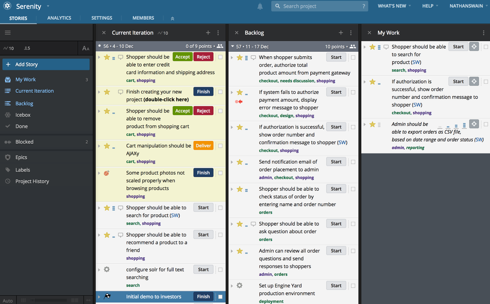 Example Pivotal Tracker UI